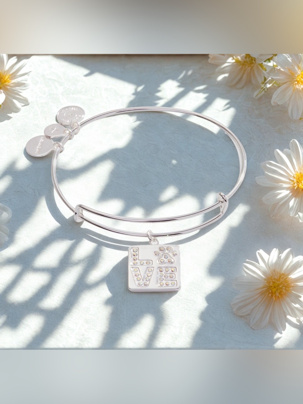 🐾ALEX AND ANI🐾’LOVE' Pave’ Paw Print Charm Bangle in Shiny Silver/NWT